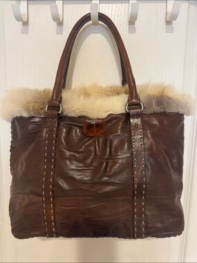 Brown Leather Tote with Cream Fur Trim - Women Bags